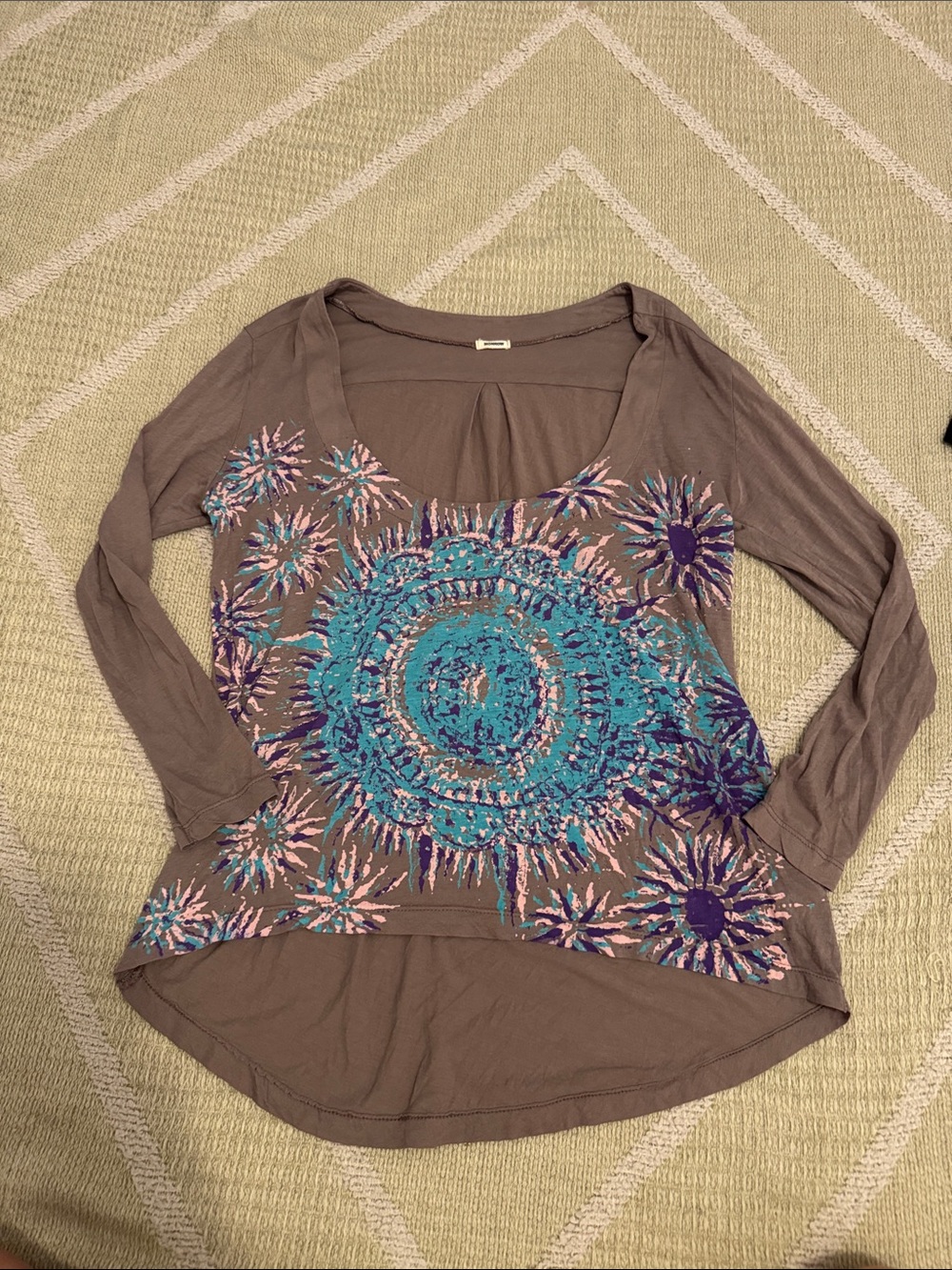MONROW 100% Cotton Graphic Long Sleeve Tee Brown Blue Size Small